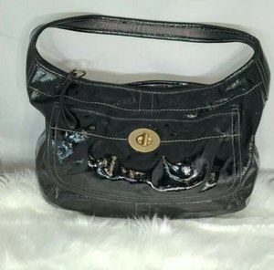 Coach Ergo Turnlock Crushed Patent Leather Shoulder Hobo Bag 11009 Black